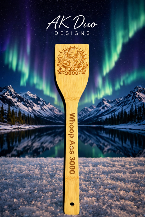 Whoop Ass 3000 laser engraved bamboo spatula by AK Duo Designs